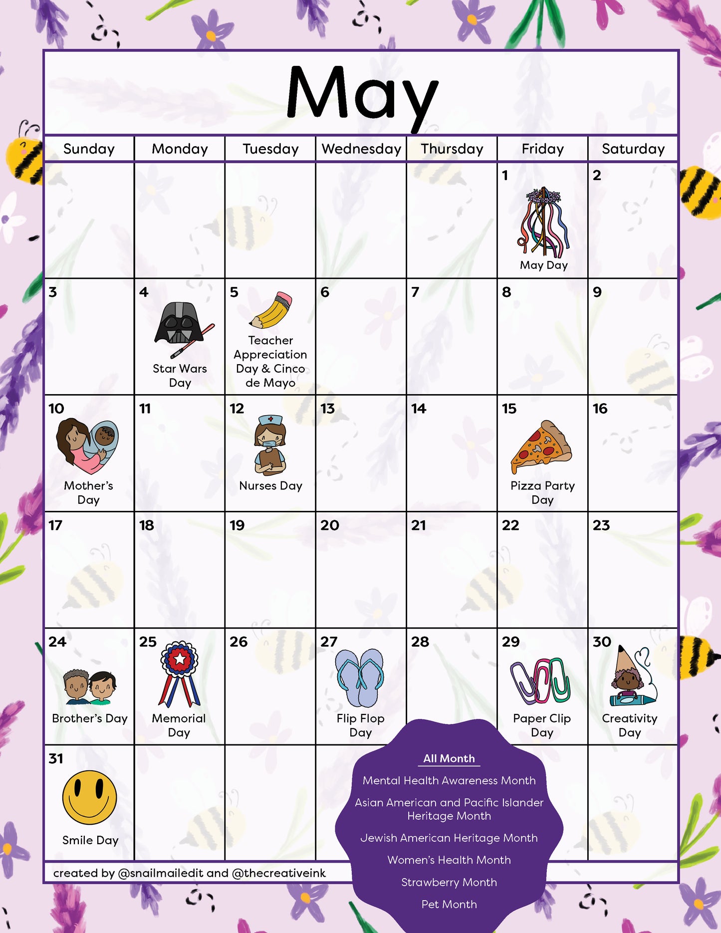 May 2026 Calendar - Digital Download