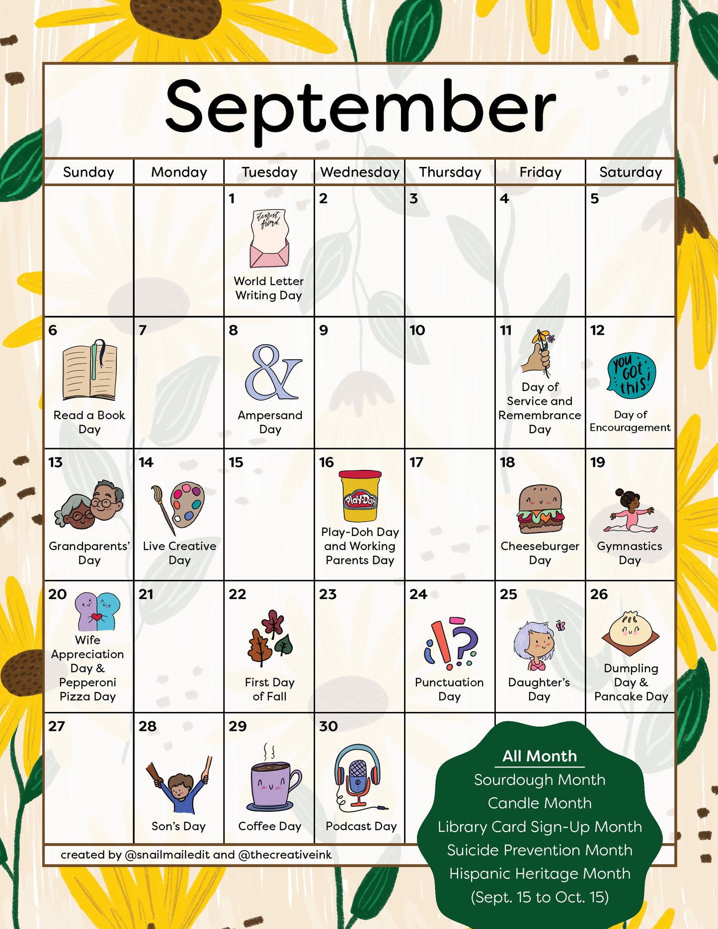 September 2026 Calendar - Digital Download