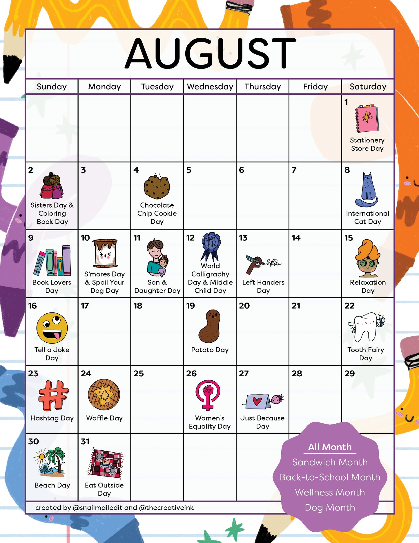 August 2026 Calendar - Digital Download